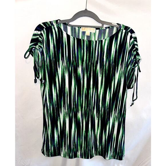 Michael Kors Navy Green & White Drawstring Cap Sleeve Boat Neck Shirt Large - Picture 1 of 9